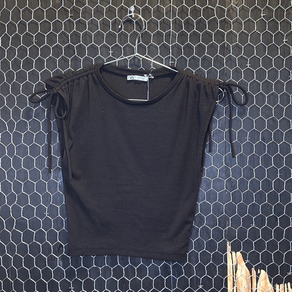 Zara Black Ruched Muscle Tee with Tie Front